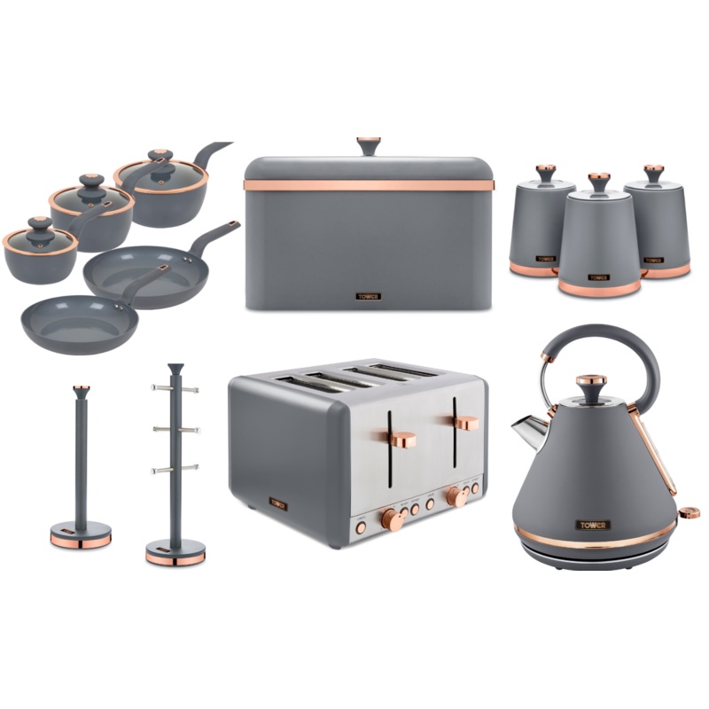 Tower Cavaletto Grey & Rose Gold Pyramid Kettle, 4 Slice Toaster, 5 Piece Pan Set, Breadbin, Canisters, Mug Tree & Towel Pole Matching Set