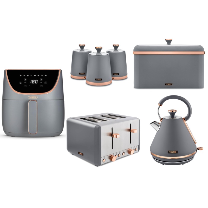 Tower Cavaletto Grey & Rose Gold Pyramid Kettle, 4 Slice Toaster, 6L Air Fryer, Bread Bin & Canisters Matching Kitchen Set of 7
