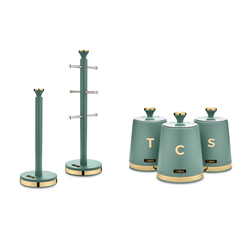 Tower Cavaletto Jade & Gold 3 Canisters Mug Tree Towel Pole Kitchen Storage Set