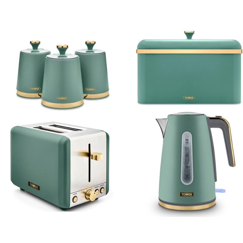 Tower Cavaletto Jade Jug Kettle, 2 Slice Toaster, Bread Bin & Canisters Matching Set of 6