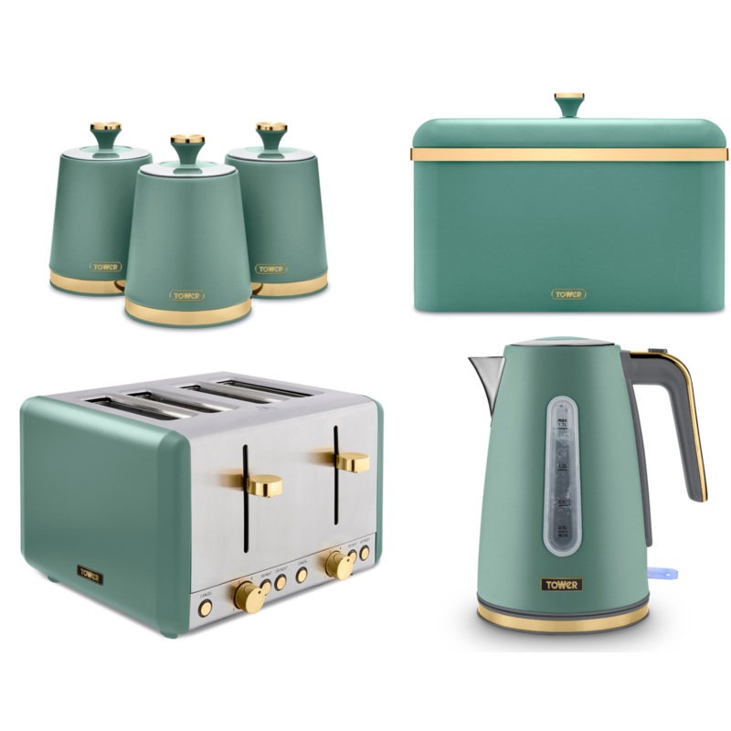 Tower Cavaletto Jade Jug Kettle, 4 Slice Toaster, Bread Bin & Canisters Matching Set of 6