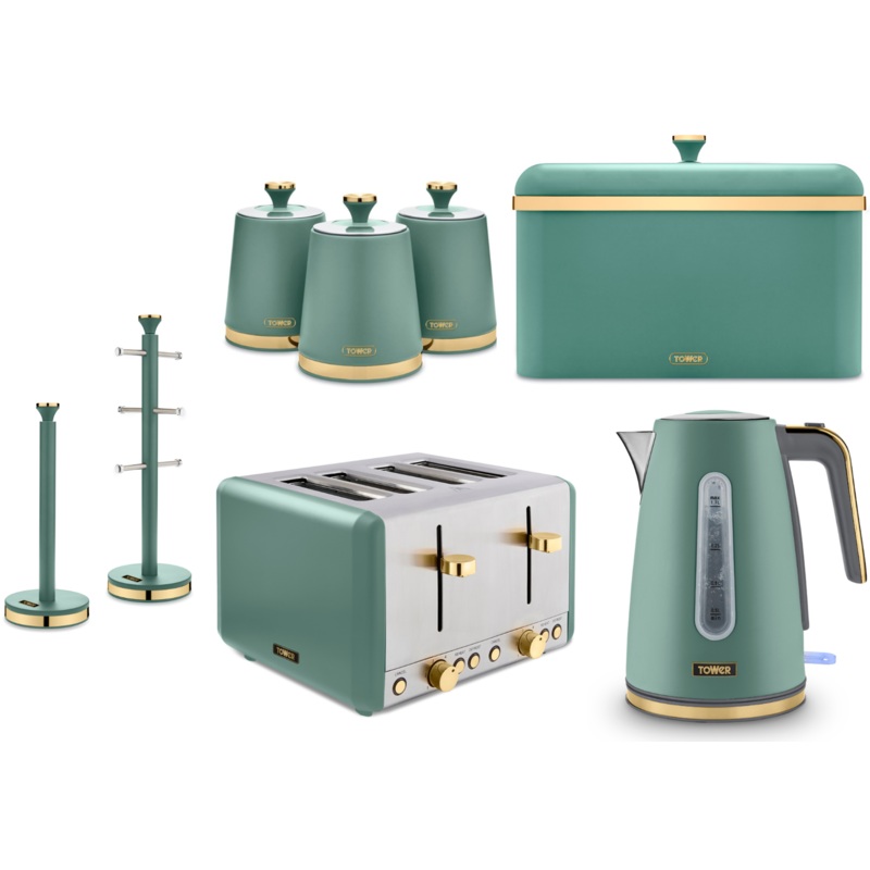 Tower Cavaletto Jade Jug Kettle, 4 Slice Toaster, Bread Bin Canisters, Mug Tree & Towel Pole Set of 8