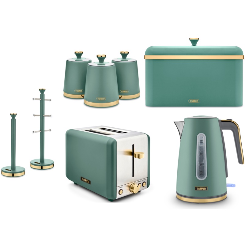Tower Cavaletto Jug Kettle, 2 Slice Toaster, Bread Bin, Canisters Mug Tree & Towel Pole Set in Jade with Champagne Accents