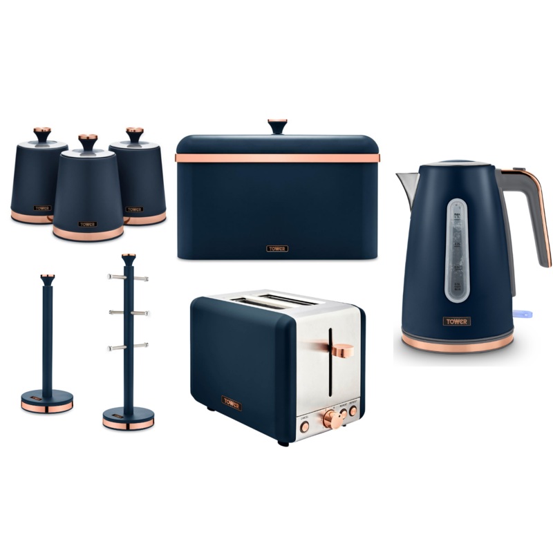TOWER Cavaletto Jug Kettle 2 Slice Toaster Breadbin Canisters Mug Tree Towel Pole Midnight Blue & Rose Gold