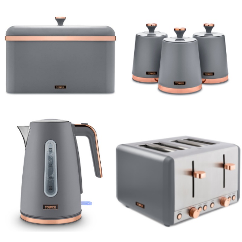 TOWER Cavaletto Jug Kettle, 4 Slice Toaster, Bread Bin & Canisters Set in Grey & Rose Gold