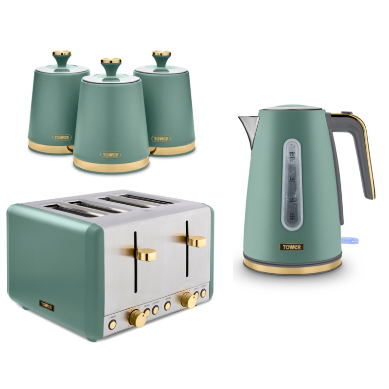 Tower Cavaletto Jug Kettle, 4 Slice Toaster & Canisters Set in Jade with Champagne Accents