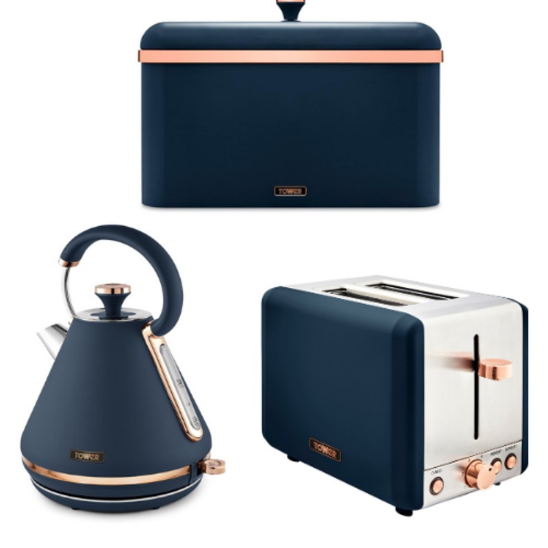 Tower Cavaletto Kettle 2-Slice Toaster & Bread Bin Set Midnight Blue & Rose Gold