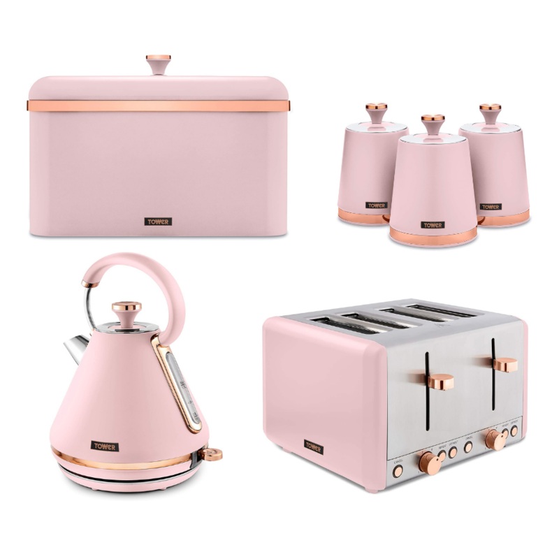 Tower Cavaletto Kettle 4 Slice Toaster Bread Bin Canisters Set Pink & Rose Gold