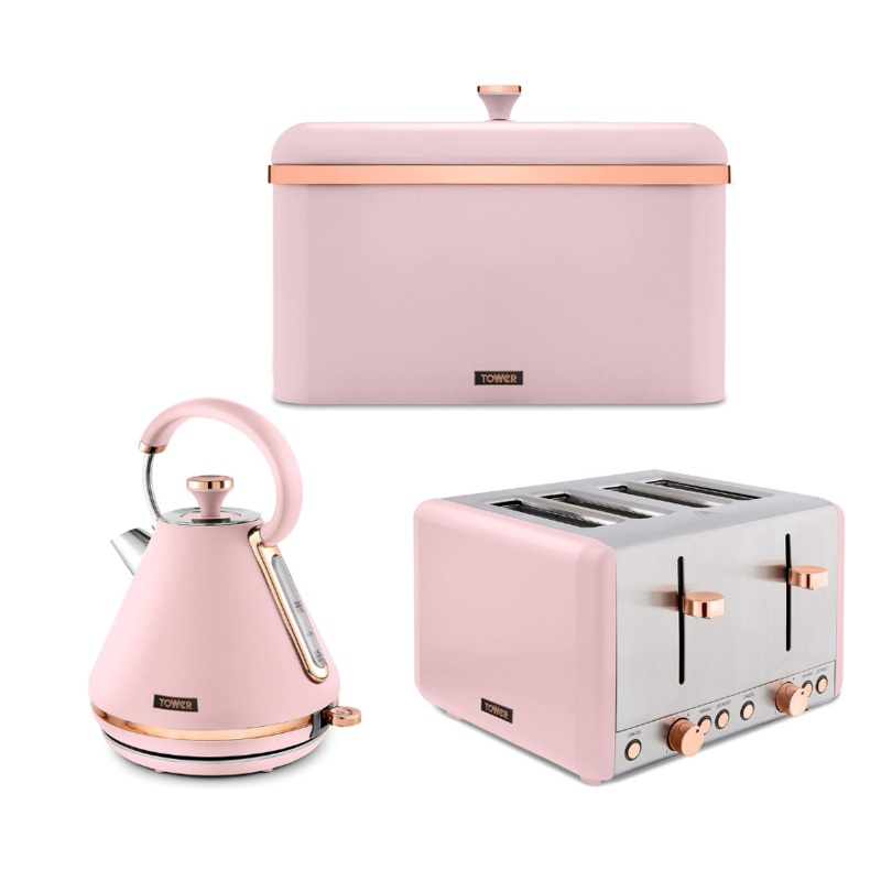 Tower Cavaletto Kettle, 4-Slice Toaster & Bread Bin Set in Pink & Rose Gold