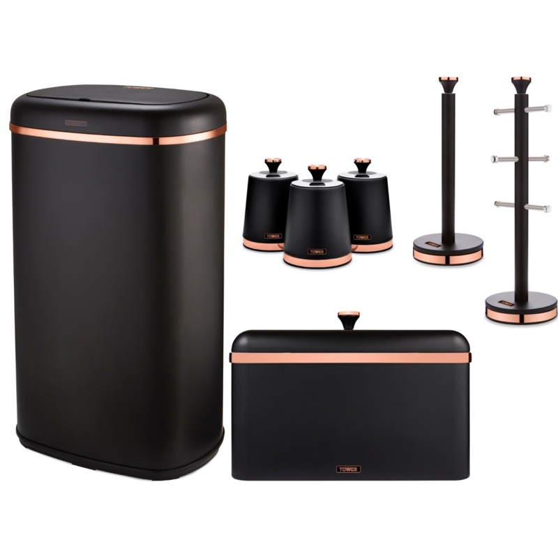 Tower Cavaletto Kitchen Accessories Matching Set of 7 In Black & Rose Gold