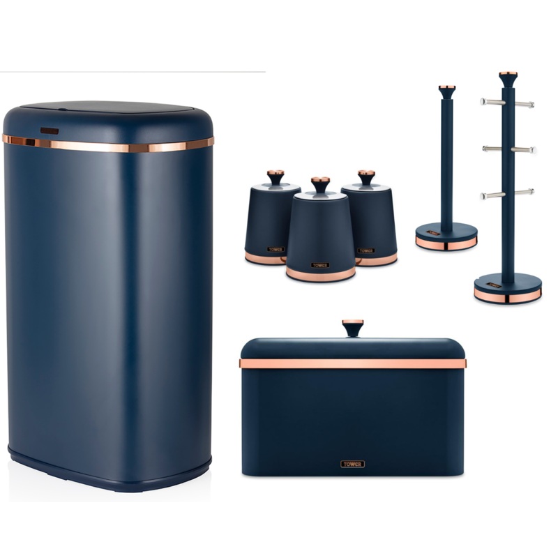 Tower Cavaletto Kitchen Accessories Matching Set of 7 In Midnight Blue/Rose Gold