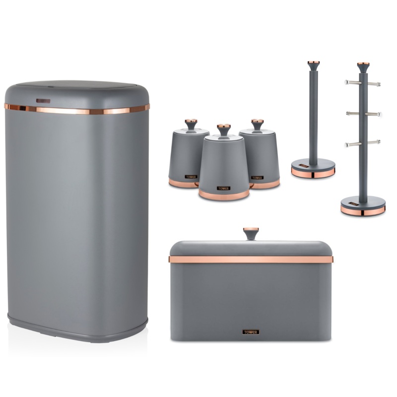 Tower Cavaletto Kitchen Sensor Bin & Storage Accessories Set of 7 Grey/Rose Gold