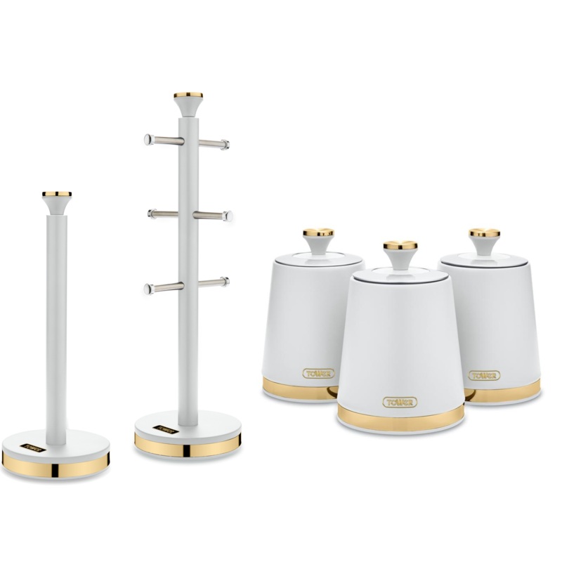 Tower Cavaletto Kitchen Storage Set with 3 Canisters, Mug Tree & Towel Pole in White & Gold