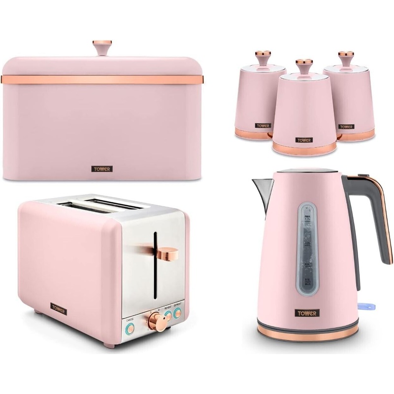 Tower Cavaletto Pink 1.7L 3KW Jug Kettle, 2 Slice Toaster, Bread Bin & Canisters Matching KItchen Set