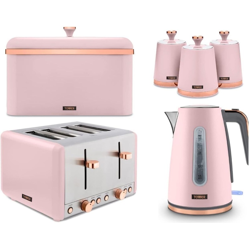 Tower Cavaletto Pink 1.7L 3KW Jug Kettle, 4 Slice Toaster, Bread Bin & Canisters Matching Kitchen Set of 6