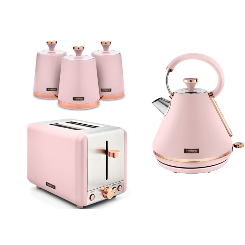 Tower Cavaletto Pink 1.7L 3KW Pyramid Kettle, 2 Slice Toaster & Canisters Matching Kitchen Set