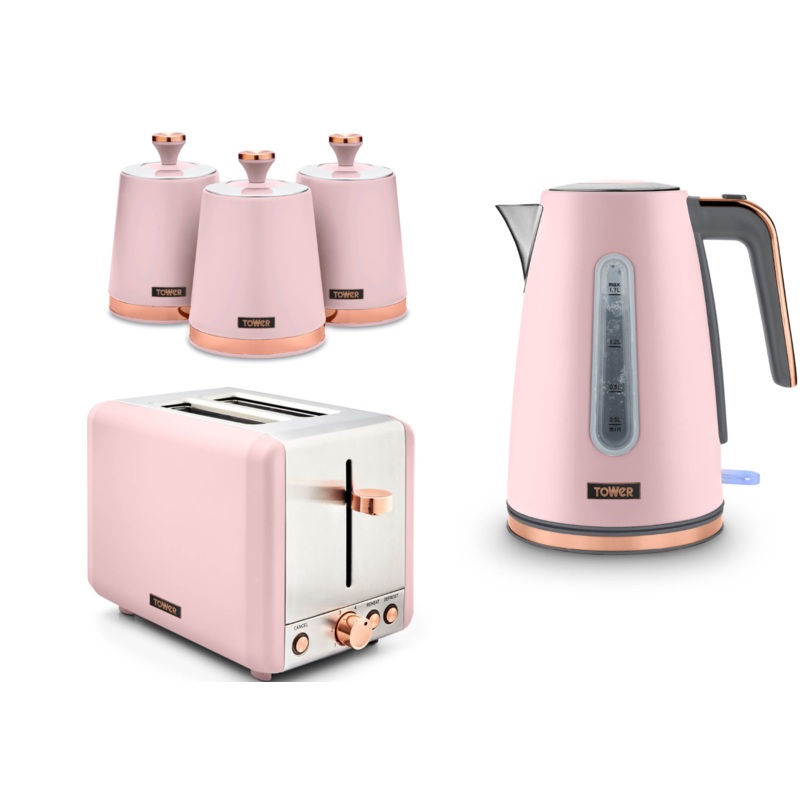 Tower Cavaletto Pink Jug Kettle 2 Slice Toaster & Canisters Matching Kitchen Set