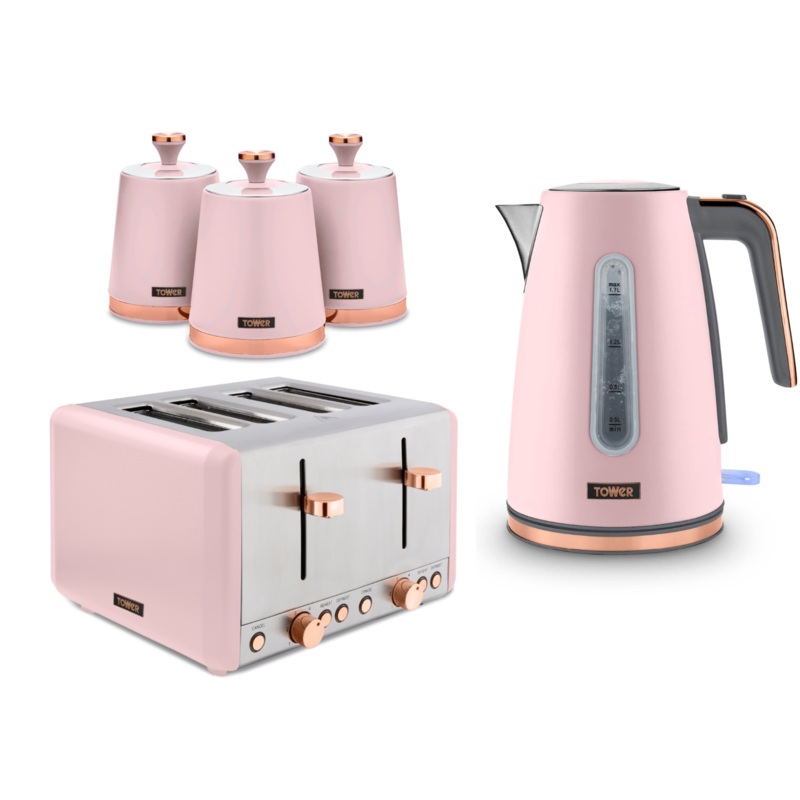 Tower Cavaletto Pink Jug Kettle 4 Slice Toaster Canisters Matching Kitchen Set
