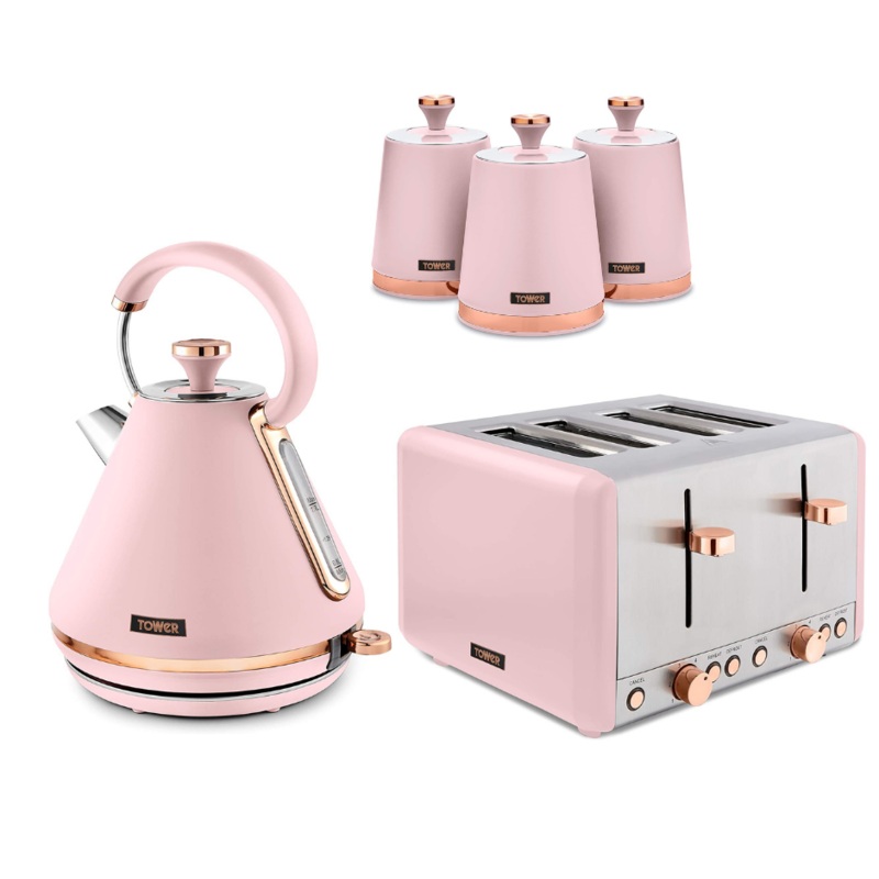 TOWER Cavaletto Pink & Rose Gold 3KW 1.7L Pyramid Kettle, 4 Slice 1800W Toaster & Set of 3 Tea, Coffee, Sugar Canisters. Matching Kitchen Set in Pink & Rose Gold