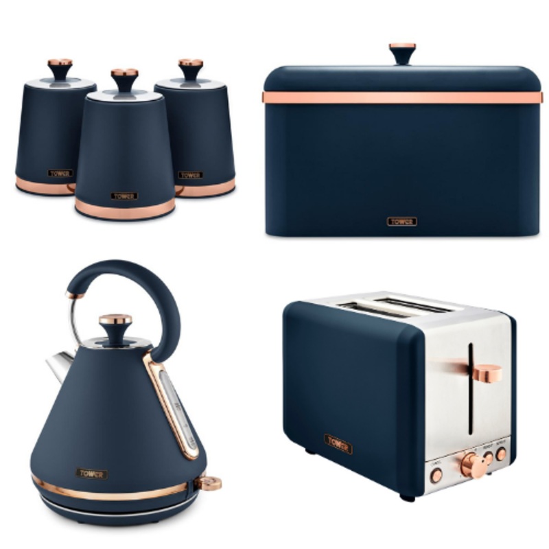 TOWER Cavaletto Pyramid 1.7L 3KW Kettle, 2 Slice Toaster, Bread Bin & Canisters Matching Set in Midnight Blue & Rose Gold
