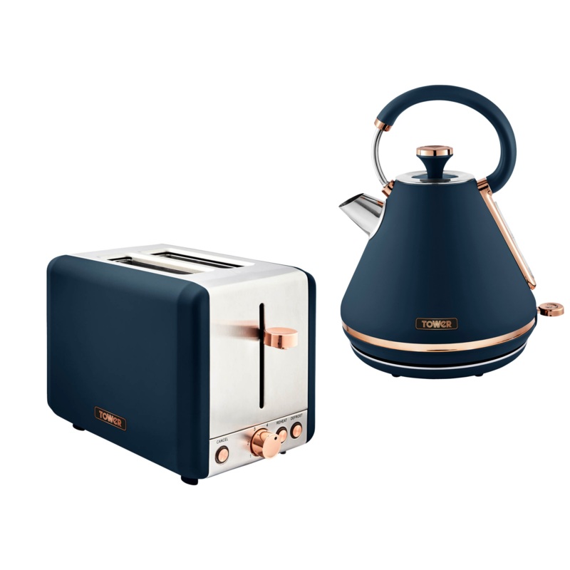 Tower Cavaletto Pyramid Kettle & 2 Slice Toaster Set in Midnight Blue & Rose Gold