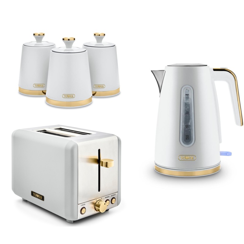 Tower Cavaletto White 1.7L 3KW Jug Kettle, 2 Slice Toaster & Canisters Matching Kitchen Set
