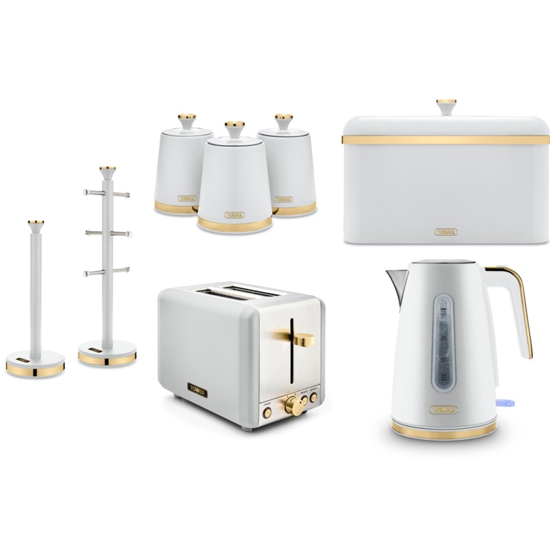 Tower Cavaletto White Jug Kettle, 2 Slice Toaster, Bread Bin, Canisters, Mug Tree & Towel Pole Set of 8