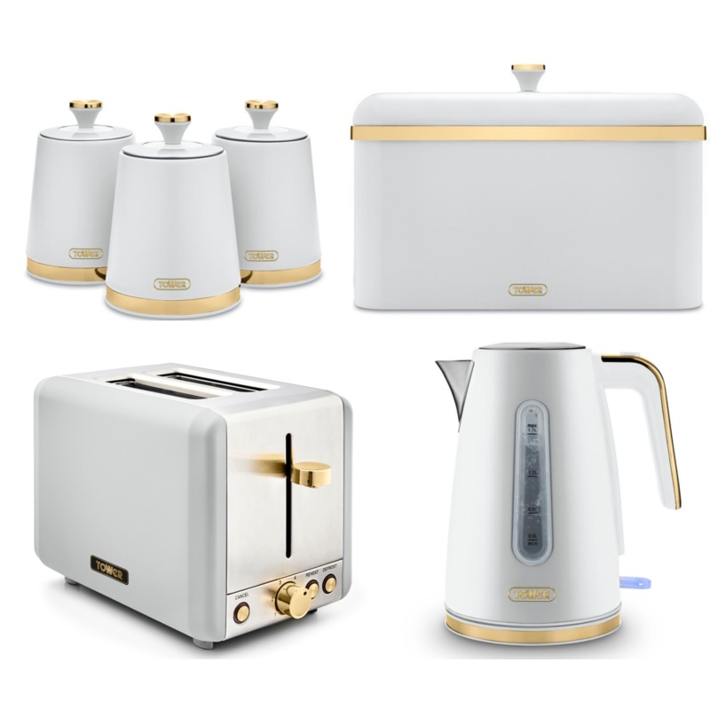 Tower Cavaletto White Jug Kettle 2 Slice Toaster Bread Bin & Canisters Set of 6