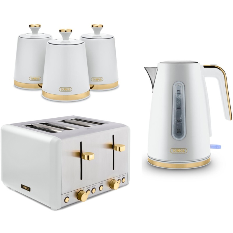 Tower Cavaletto White Jug Kettle 4 Slice Toaster & Canisters Matching Kitchen Set