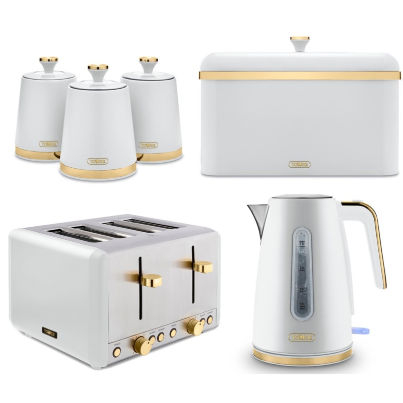Tower Cavaletto White Jug Kettle Toaster Bread Bin & Canisters Matching Set of 6