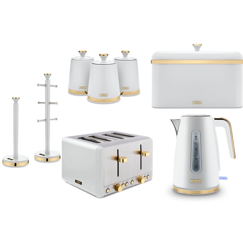 Tower Cavaletto White Jug Kettle Toaster Bread Bin Canisters Mug Tree & Towel Pole Set of 8