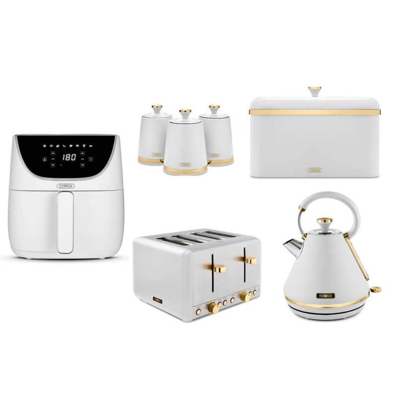 Tower Cavaletto White Pyramid Kettle, 4 Slice Toaster, 6L Air Fryer, Bread Bin & Canisters Matching Kitchen Set
