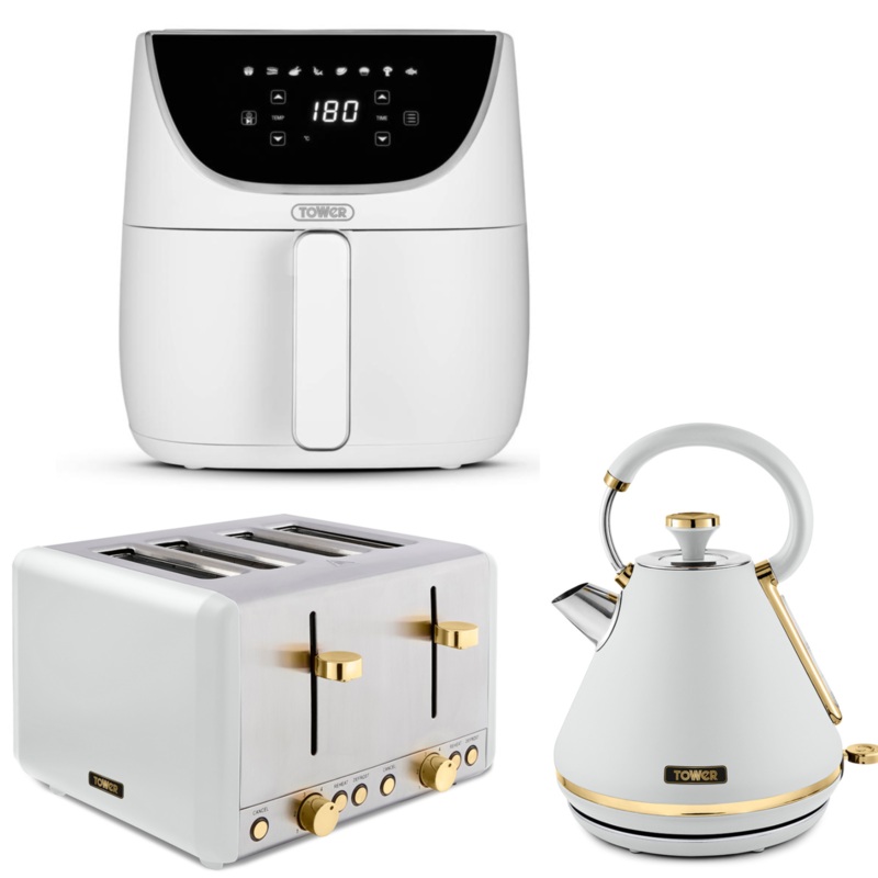 Tower Cavaletto White Pyramid Kettle 4 Slice Toaster 6L Vortx Digital Air Fryer