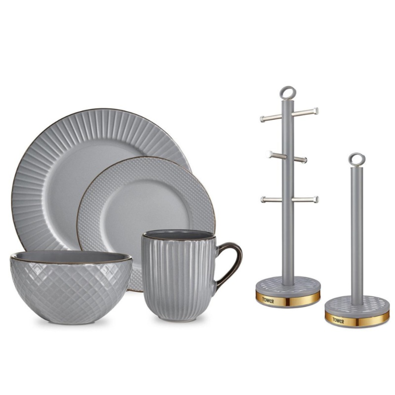 TOWER Empire 16 Piece Dinner Set, Kitchen Roll Holder & Mug Tree Grey & Brass