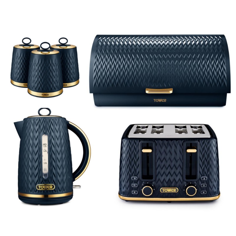 TOWER Empire Blue Jug Kettle, 4 Slice Toaster, Bread Bin & Canisters Matching Set in Midnight Blue with Brass Accents