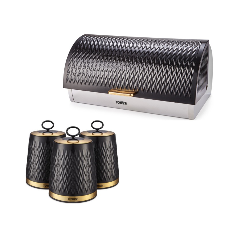 Tower Empire Bread Bin & Canister Art Deco Style Set Black & Brass Kitchen Storage