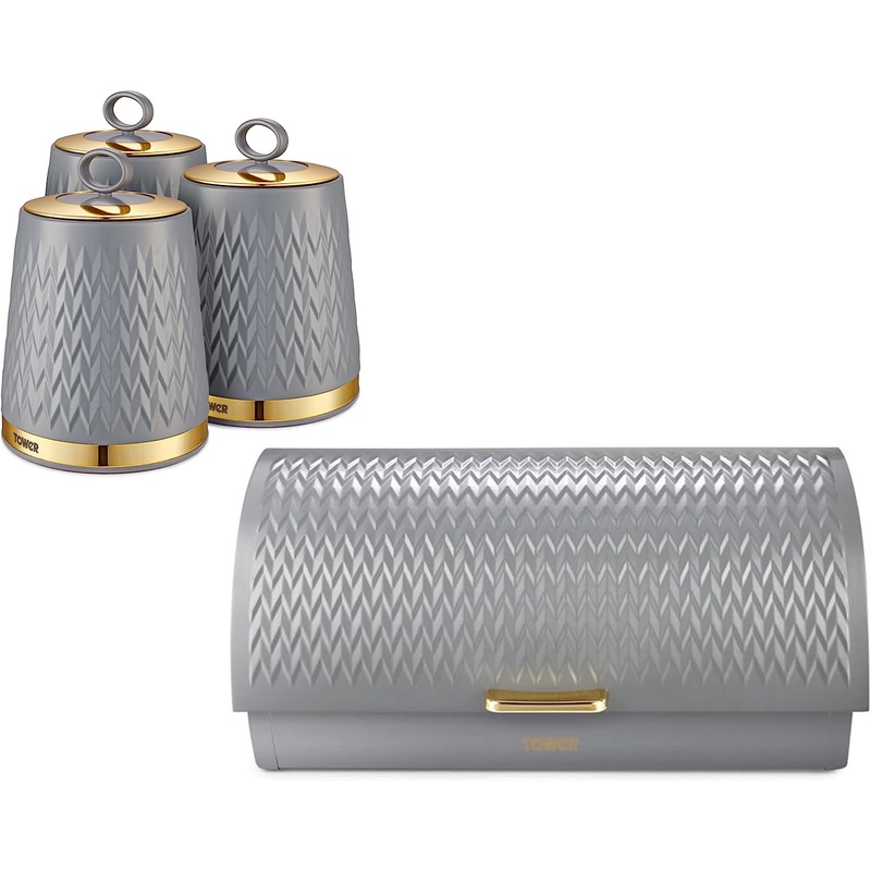 Tower Empire Bread Bin Canisters Kitchen Storage Set in Grey & Brass