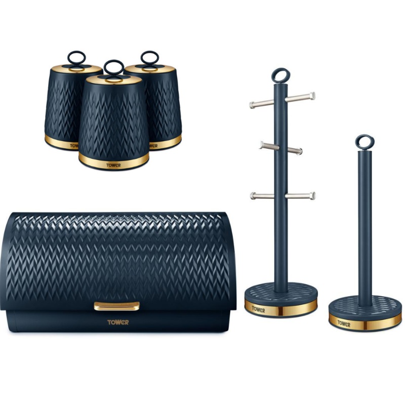 Tower Empire Bread Bin Canisters Mug Tree & Towel Pole Set Midnight Blue/Brass