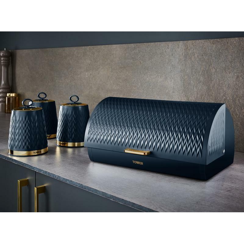 Tower Empire Bread Bin Canisters Set Midnight Blue & Brass Kitchen Storage Set