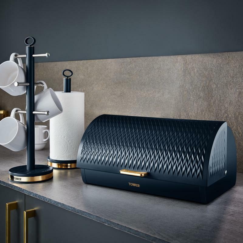 TOWER Empire Bread Bin, Mug Tree & Towel Pole Matching Set Midnight Blue & Brass