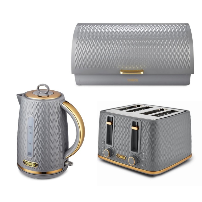 TOWER Empire Grey 1.7L 3KW Jug Kettle, 4 Slice Toaster & Bread Bin Matching Kitchen Set in Grey