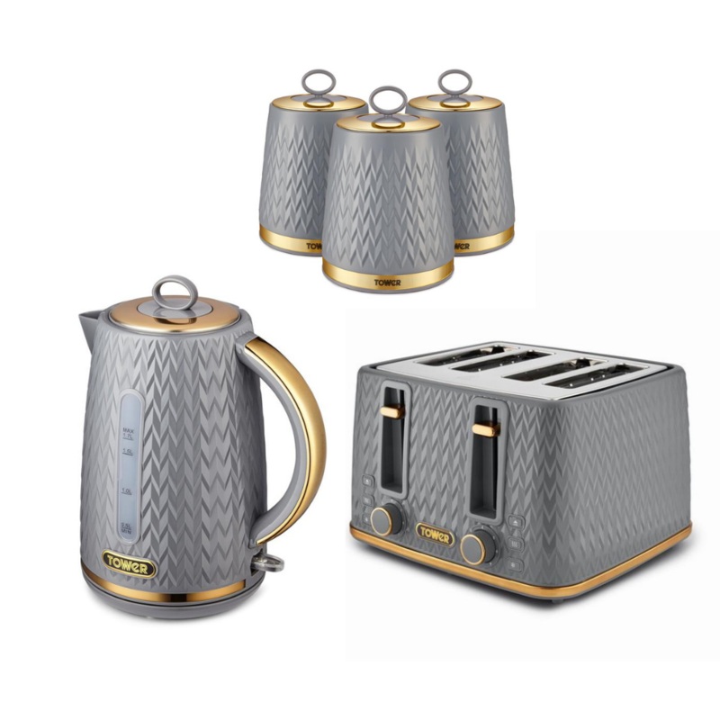Tower Empire Grey 1.7L 3KW Jug Kettle 4 Slice Toaster & Canisters Set