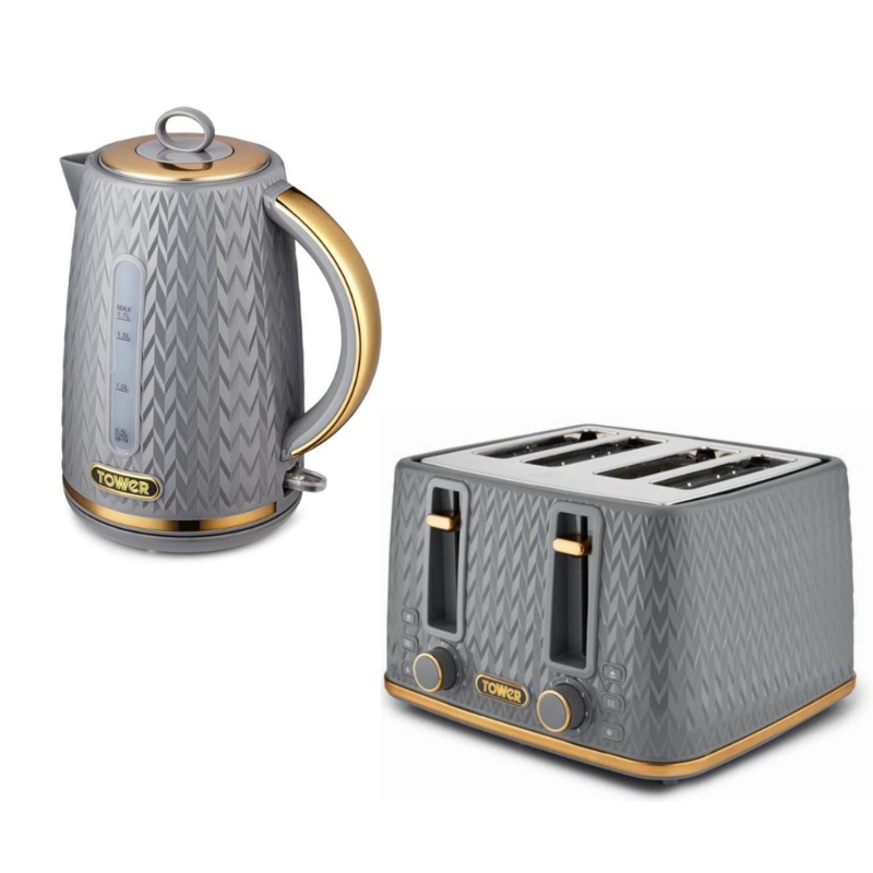 Tower Empire Grey 1.7L 3KW Jug Kettle & 4 Slice Toaster. Matching Set in Grey with Brass Accent