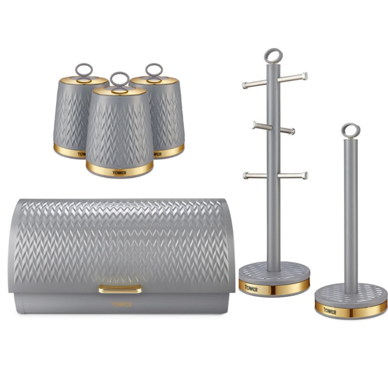 Tower Empire Grey Bread Bin Canisters Mug Tree & Towel Pole Matching Kitchen Storage Set