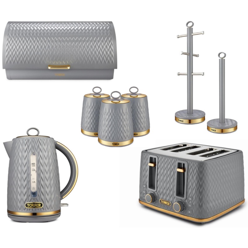 Tower Empire Grey Jug Kettle, 4 Slice Toaster, Bread Bin, Canisters, Mug Tree & Towel Pole Set