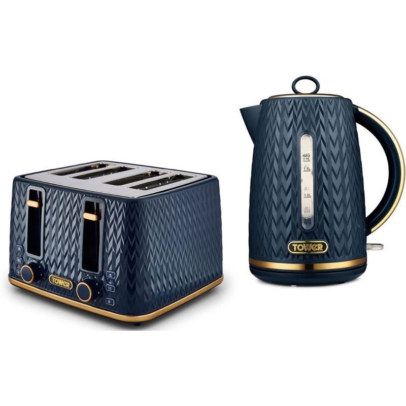 Tower Empire Jug 1.7L 3KW Kettle & 4 Slice Toaster Matching Midnight Blue Brass Accents