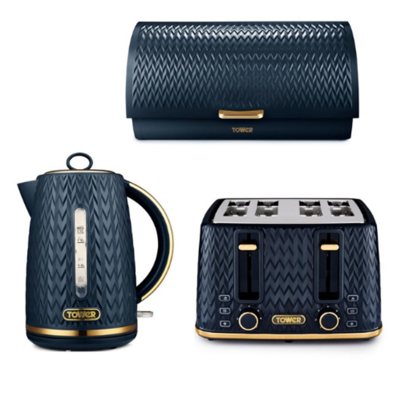 Tower Empire Kettle 4-Slice Toaster & Bread Bin Art Deco Set Midnight Blue & Brass