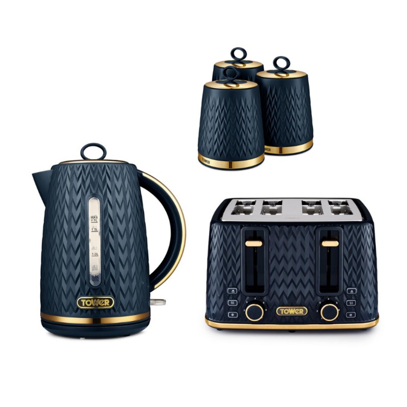 Tower Empire Kettle 4-Slice Toaster Tea Coffee Sugar Canisters Midnight Blue/Brass