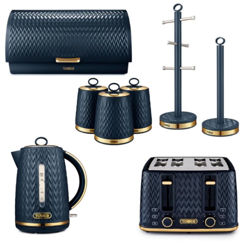 TOWER Empire Midnight Blue Jug Kettle, 4 Slice Toaster, Breadbin, Canisters, Mug Tree & Towel Pole Kitchen Set