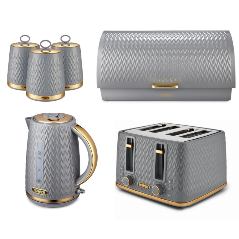 Tower Grey Empire Jug Kettle 4 Slice Toaster, Bread Bin & Canisters Set of 6